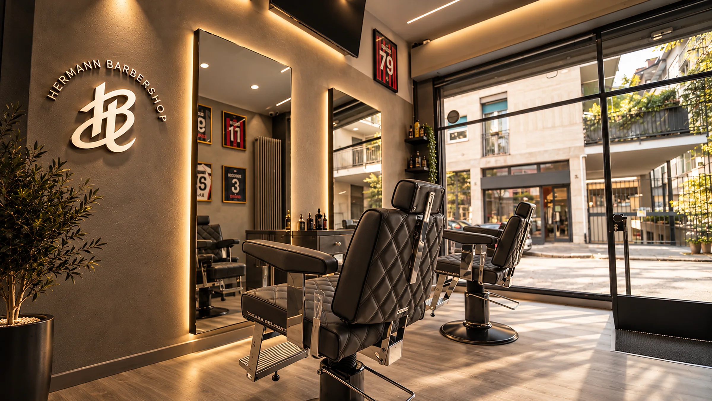 Салон Hermann Barbershop: вывеска HB, стёганые кресла и витрина на улицу
