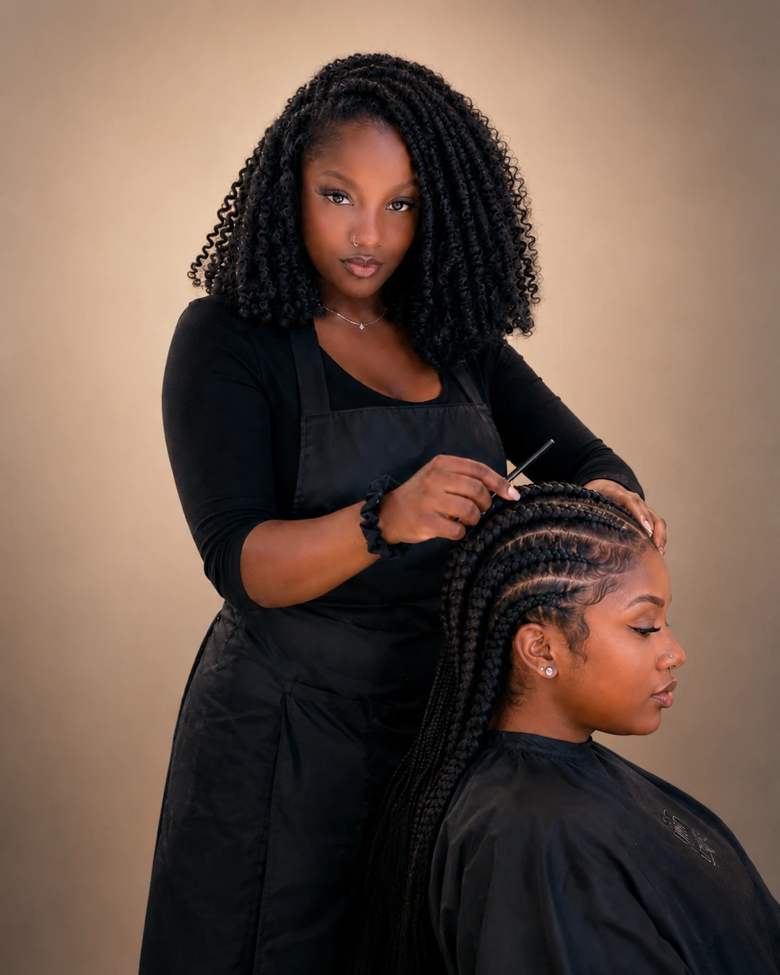 Imane lavora una cornrow su una cliente, pettine a coda in mano